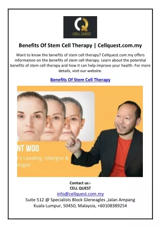 Benefits Of Stem Cell Therapy | Cellquest.com.my