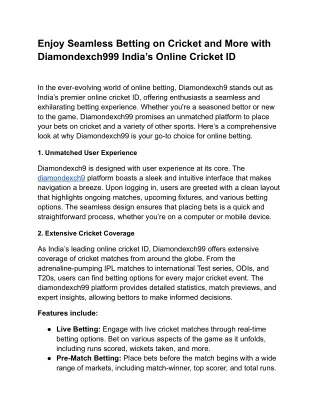 Enjoy Seamless Betting on Cricket and More with Diamondexch999 India’s Online Cricket ID