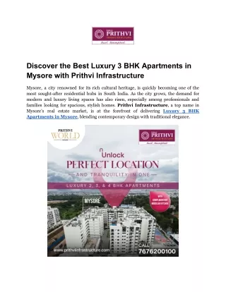 Discover the Best Luxury 3 BHK Apartments in Mysore with Prithvi Infrastructure