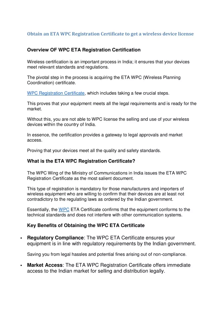 obtain an eta wpc registration certificate