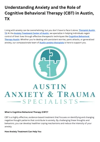 Understanding Anxiety and the Role of Cognitive Behavioral Therapy (CBT) in Austin, TX