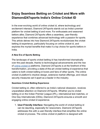 Enjoy Seamless Betting on Cricket and More with Diamond247sports India’s Online Cricket ID