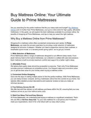 Buy Mattress Online at Prime Mattresses – Your Destination for Quality Sleep