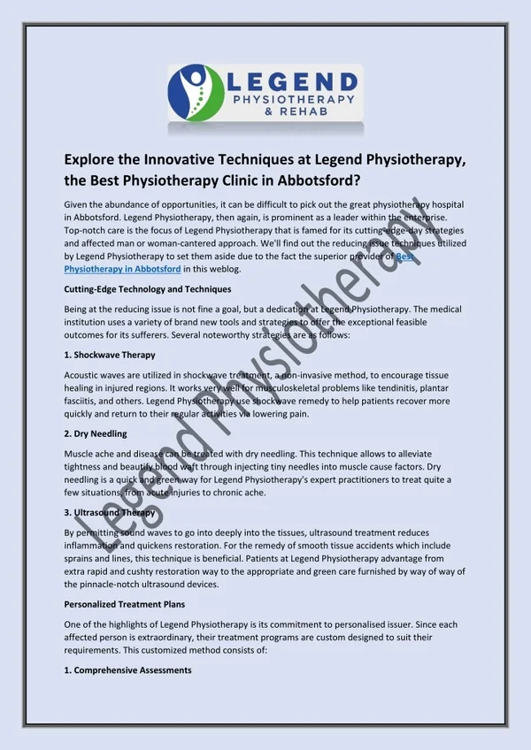 Explore the Innovative Techniques at Legend Physiotherapy?