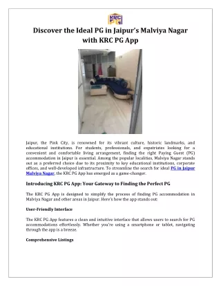 Discover the Ideal PG in Jaipur’s Malviya Nagar with KRC PG App