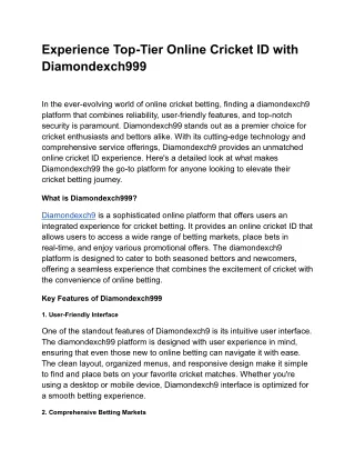 Experience Top-Tier Online Cricket ID with Diamondexch999