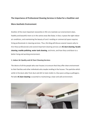 The Importance of Professional Cleaning Services in Dubai for a Healthier and More Aesthetic Environment