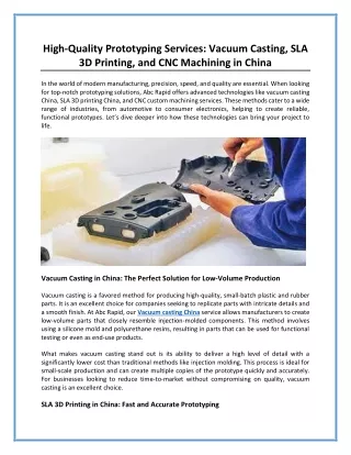 High-Quality Prototyping Services: Vacuum Casting, SLA 3D Printing, and CNC Mach