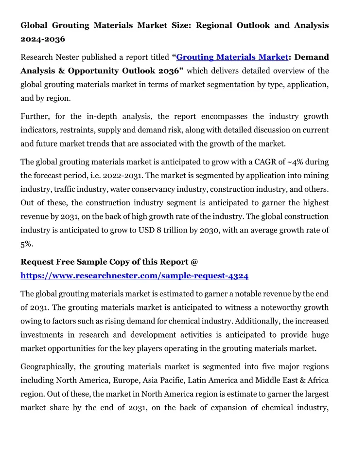 global grouting materials market size regional