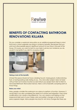 BENEFITS OF CONTACTING BATHROOM RENOVATIONS KILLARA