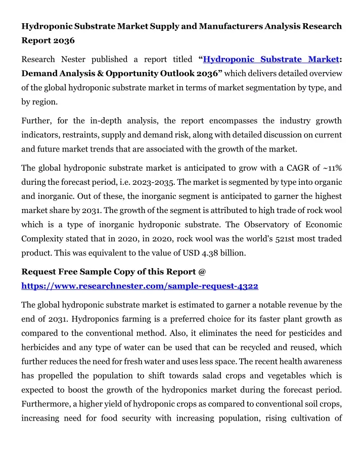 hydroponic substrate market supply