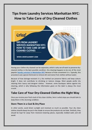 Tips from Laundry Services Manhattan NYC: How to Take Care of Dry Cleaned Clothe