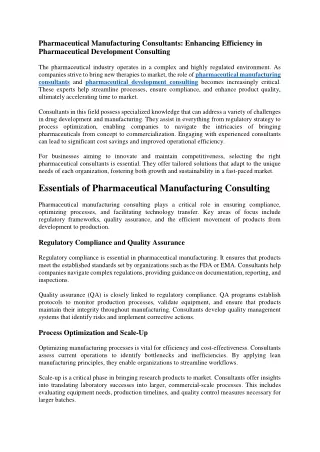 Pharmaceutical Manufacturing Consultants Enhancing Efficiency in Pharmaceutical Development Consulting