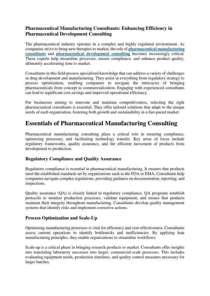 pharmaceutical manufacturing consultants