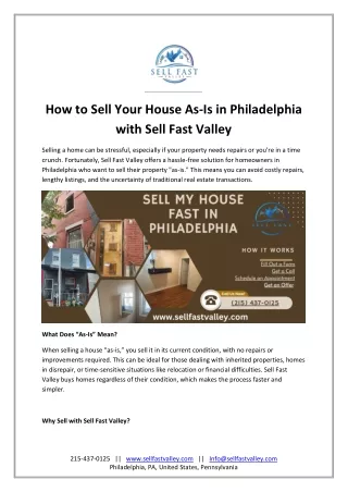 How to Sell Your House As-Is in Philadelphia with Sell Fast Valley