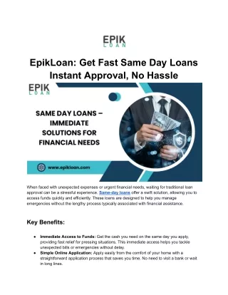 EpikLoan – Simplifying Same-Day Loans for Fast Cash Relief