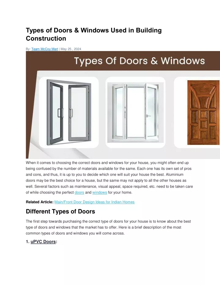 types of doors windows used in building