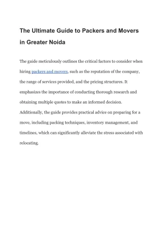 The Ultimate Guide to Packers and Movers in Greater Noida
