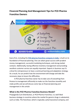 Financial Planning And Management Tips For PCD Pharma Franchise Owners