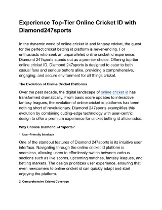 Experience Top-Tier Online Cricket ID with Diamond247sports