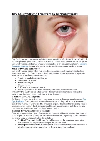 Dry Eye Syndrome Treatment by Barman Eyecare