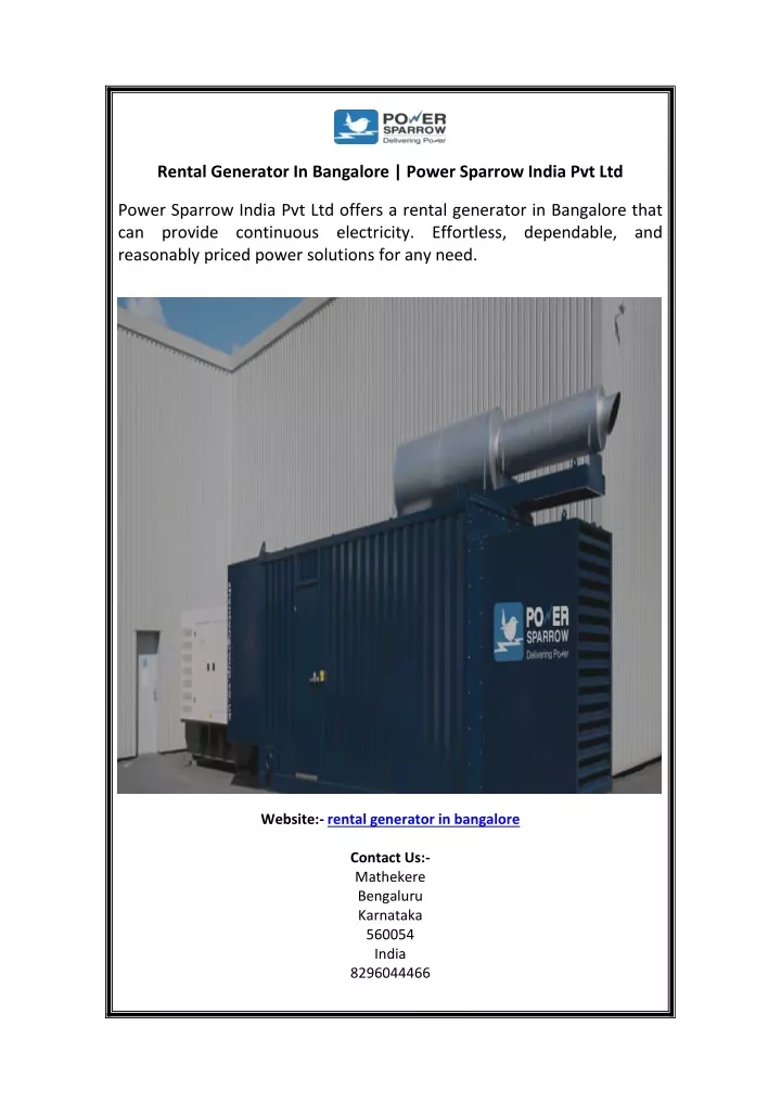 rental generator in bangalore power sparrow india