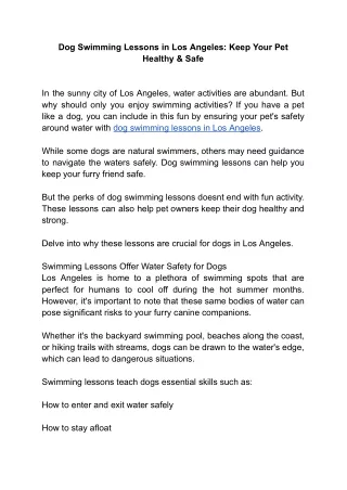 Join Dog Swimming Lessons in Los Angeles for your Pet’s Health & Safety
