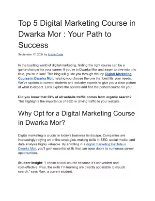Top 5 Digital Marketing Course in Dwarka Mor _ Your Path to Success
