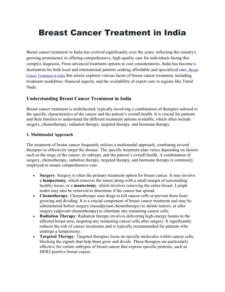 breast cancer treatment in india breast cancer