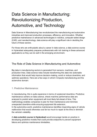 Data Science in Manufacturing- Revolutionizing Production and Technology