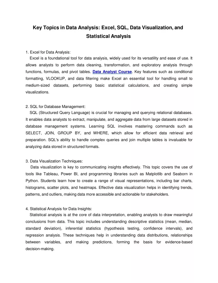 key topics in data analysis excel sql data
