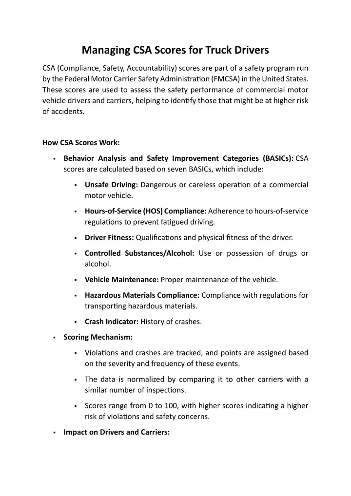 managing csa scores for truck drivers