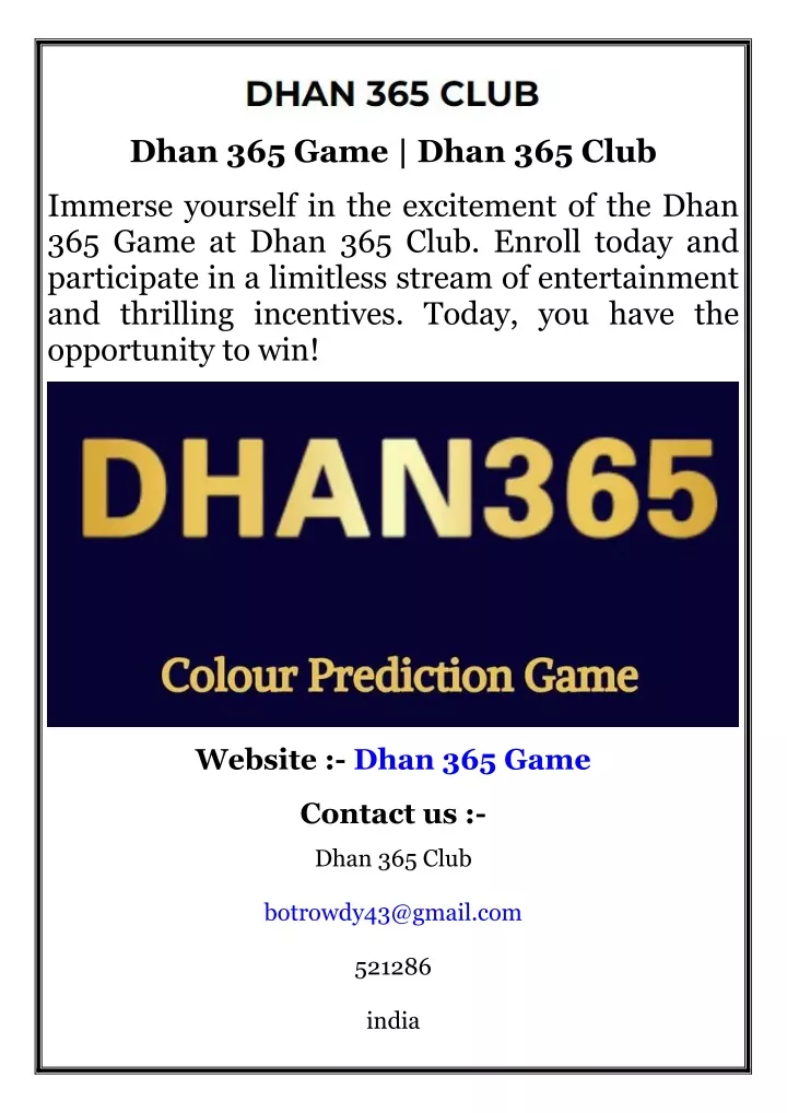 dhan 365 game dhan 365 club