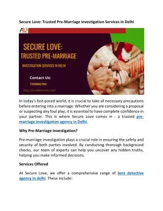 Secure Love Trusted Pre-Marriage Investigation Services in Delhi