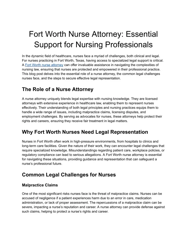 fort worth nurse attorney essential support