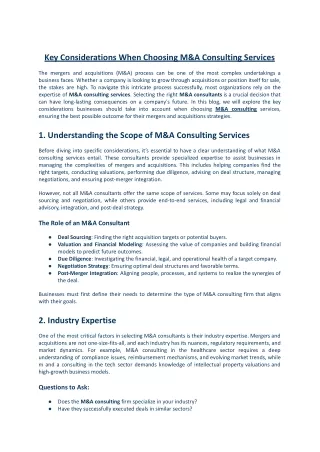 Key Considerations When Choosing M&A Consulting Services