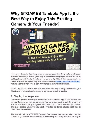 Why GTGAMES Tambola App Is the Best Way to Enjoy This Exciting Game with Your Fr