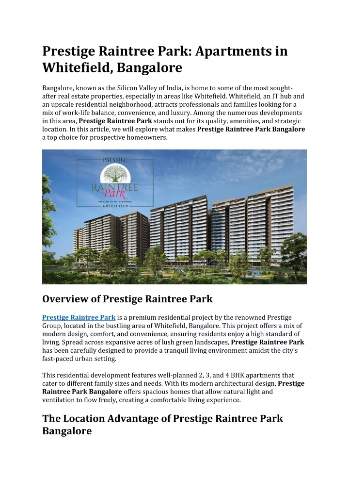 prestige raintree park apartments in whitefield