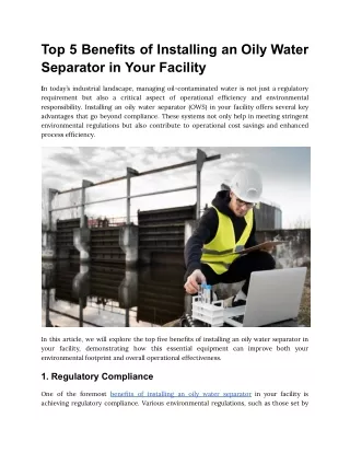 Top 5 Benefits of Installing an Oily Water Separator in Your Facility