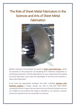 The Role of Sheet Metal Fabricators in the Sciences and Arts of Sheet Metal Fabrication