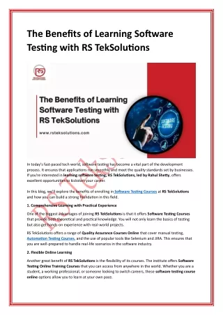 The Benefits of Learning Software Testing with RS TekSolutions