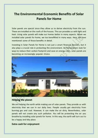 The Environmental Economic Benefits of Solar Panels for Home