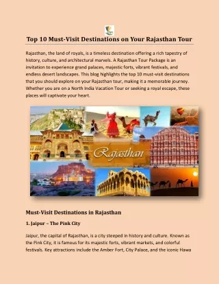 Top 10 Must-Visit Destinations on Your Rajasthan Tour