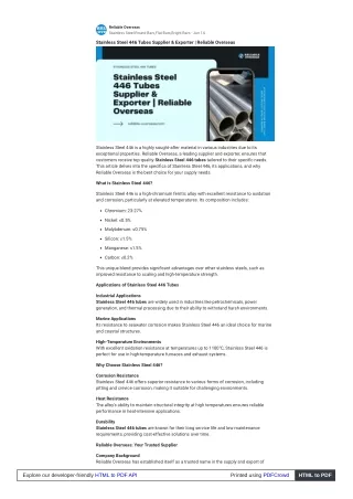 Stainless Steel 446 Tubes Supplier & Exporter  Reliable Overseas