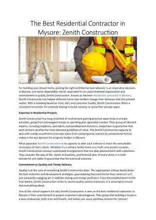 Zenith Construction: The Best Residential Contractor in Mysore