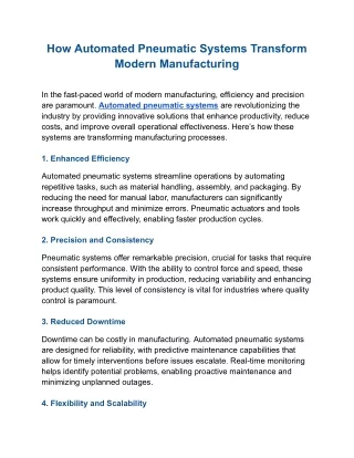 How Automated Pneumatic Systems Transform Modern Manufacturing