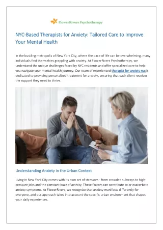 NYC-Based Therapists for Anxiety Tailored Care to Improve Your Mental Health