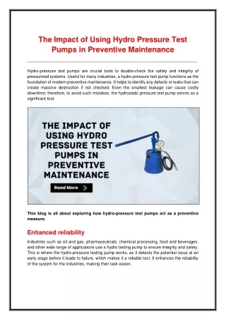 The Impact of Using Hydro Pressure Test Pumps in Preventive Maintenance