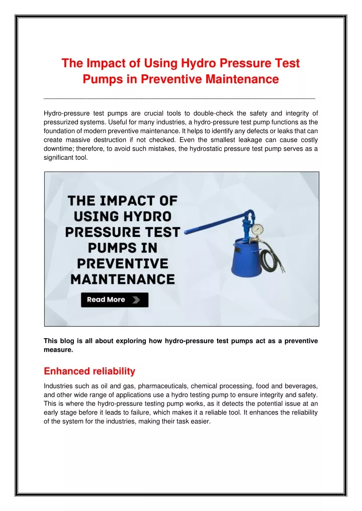 the impact of using hydro pressure test pumps