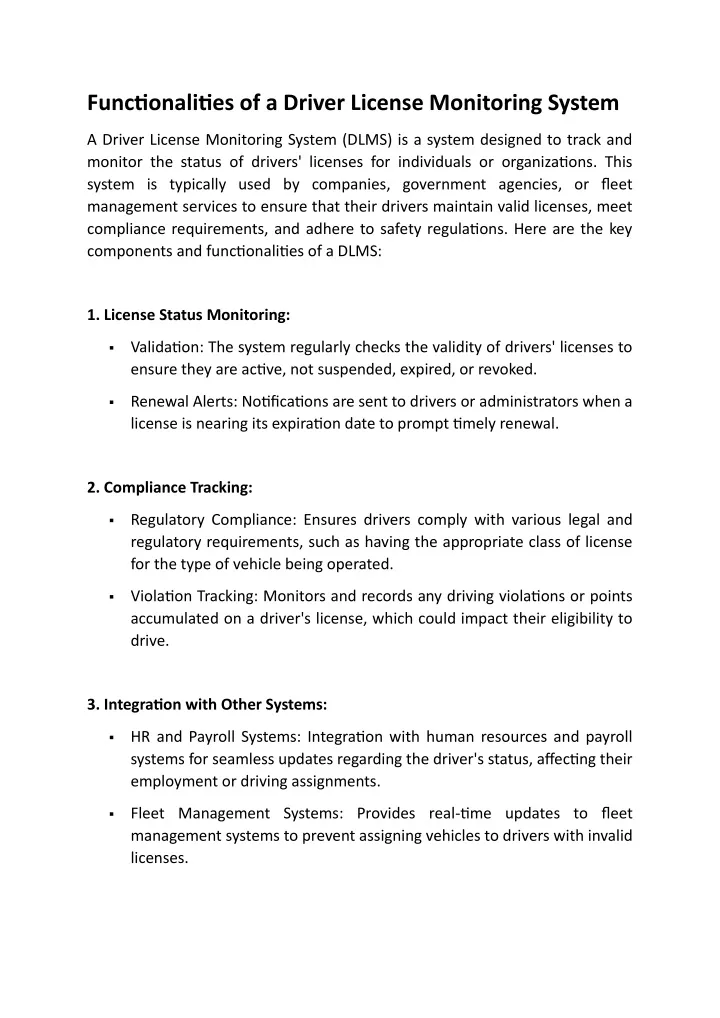 functionalities of a driver license monitoring